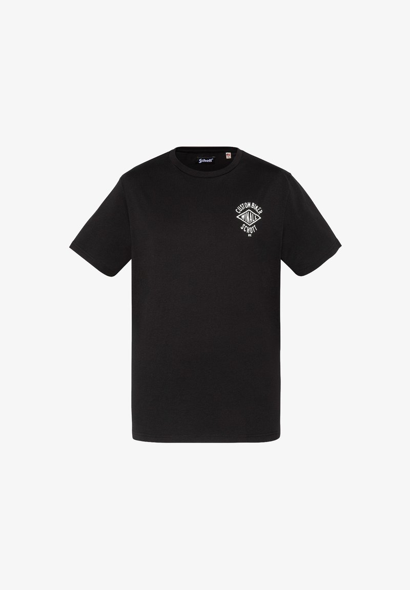 T-shirt noir à manches courtes avec logo blanc "Custom Biker Winally Schott" sur la poitrine gauche et col rond.