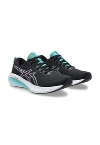 Black athletic shoes with turquoise accents and white midsole. Breathable mesh upper with textured patterns and laces for secure fit.