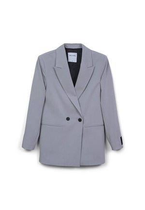 Blazer grigio doppiopetto realizzato in un tessuto liscio, con revers a punta, due tasche frontali e bottoni neri.