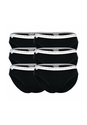 Sorte bomuldsboxere med en hvid elastisk talje med Lacoste-logoet. Seks par præsenteret i en stak.