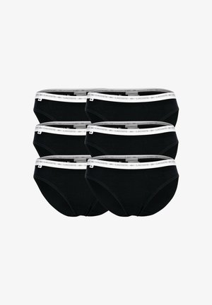 Zwarte katoenen boxershorts met een witte elastische tailleband met het Lacoste-logo. Zes paar gestapeld weergegeven.
