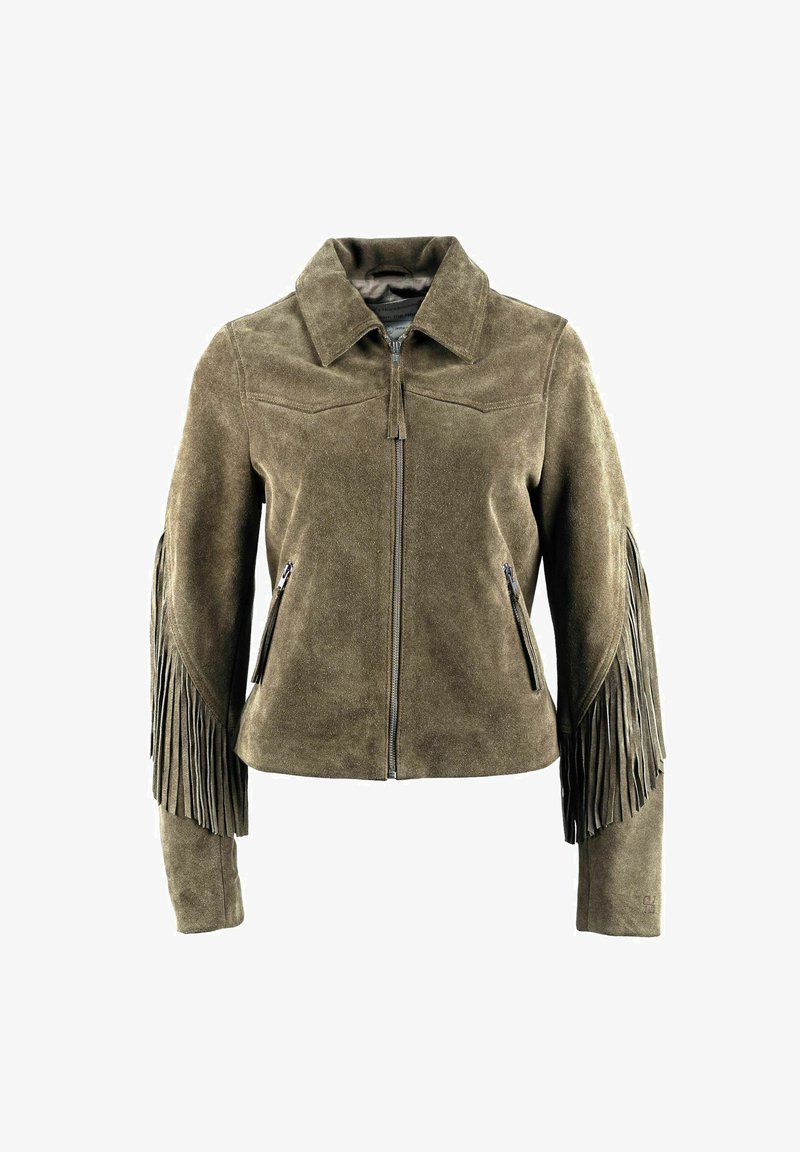 Semišová bunda olivovo zelenej farby s detailmi strapcov na rukávoch, prednými vreckami so zipsom a špicatým golierom, s hladkou textúrou.