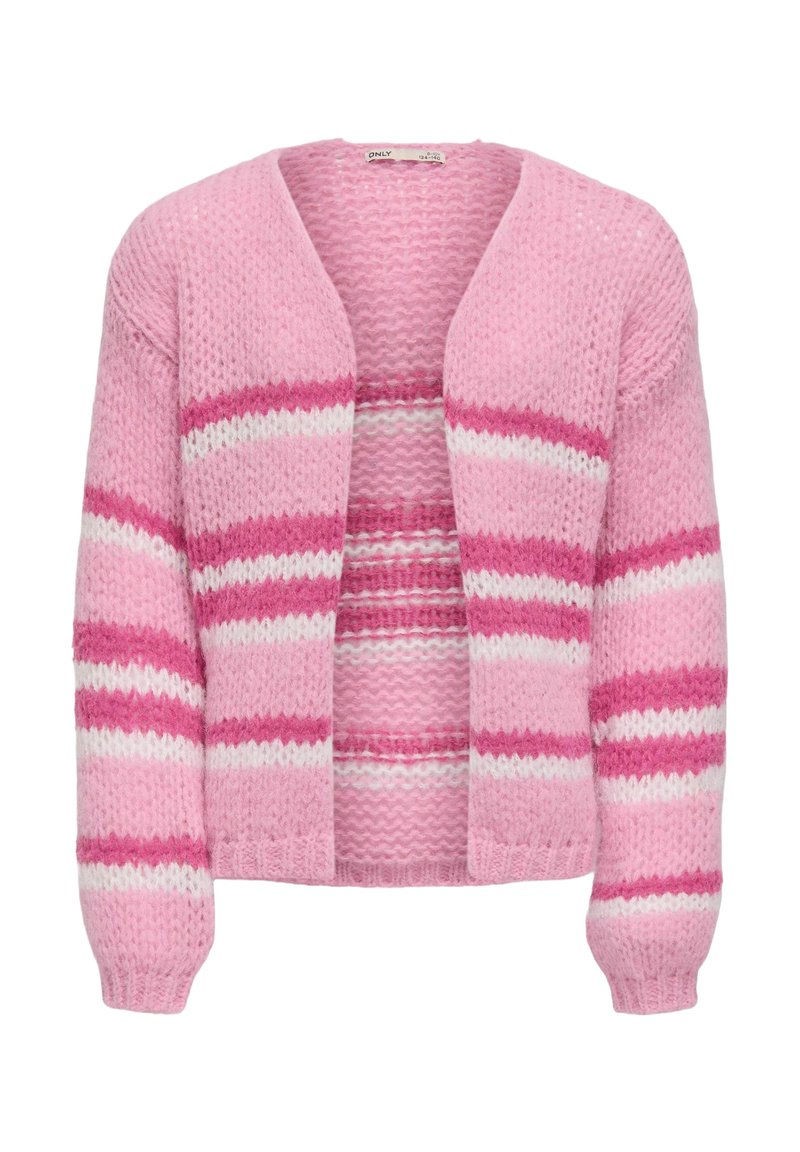 Rosa gestrickte Strickjacke mit weißen und dunkelpinken Streifen. Offenes Frontdesign mit langen Ärmeln und gerippten Bündchen. Weiche Textur.