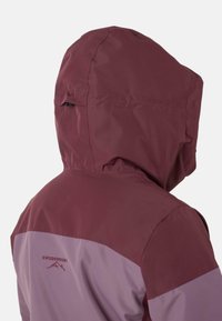 Wasserabweisende Jacke inweinrot und hellem Lila. Mit Kapuze, Reißverschlusstasche und dem Logo "SWEDEMOUNT" auf dem Rücken. Glatte Textur.
