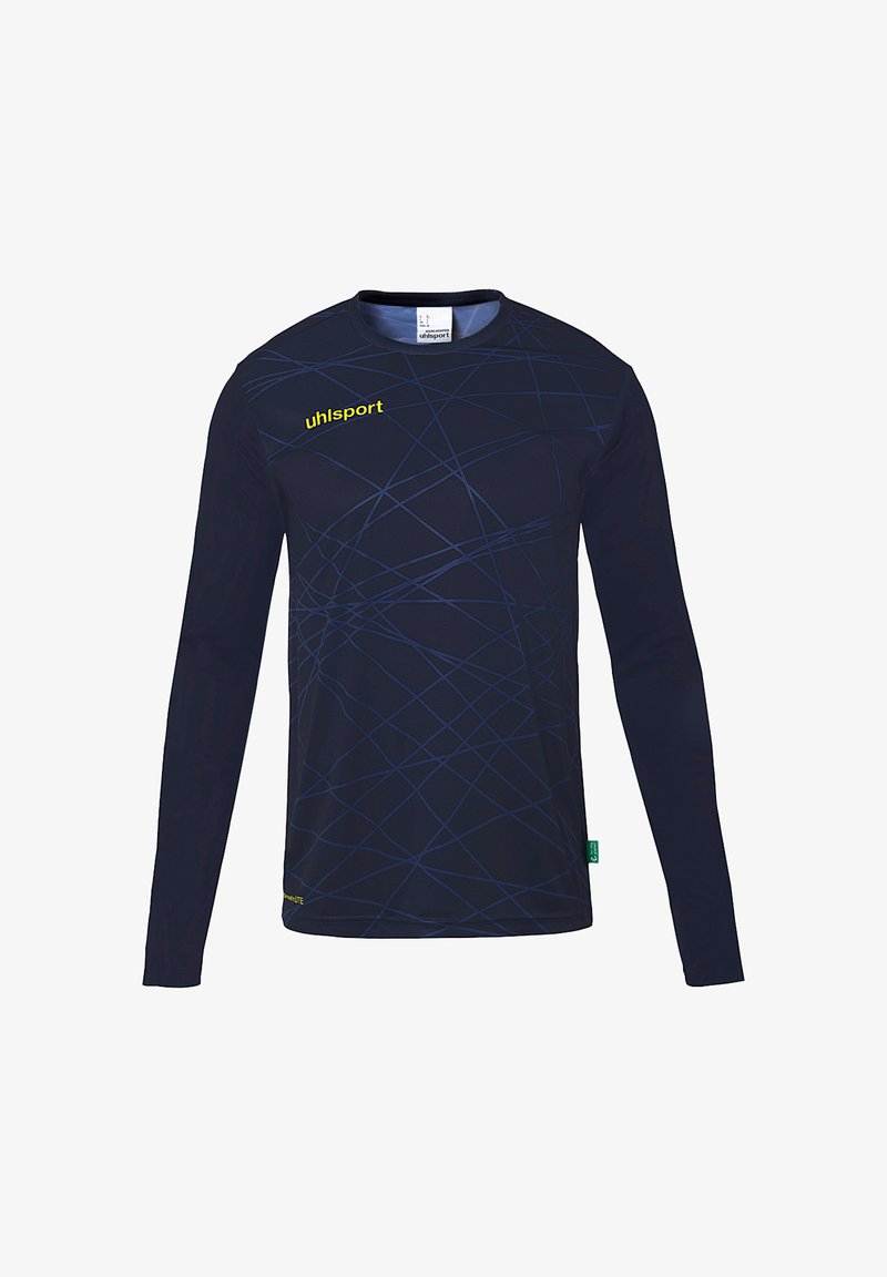 Langarm sportshirt in marineblauw met een lichtblauw geometrisch patroon. Voorzien van een ronde hals en een gele logo op de borst. Zacht, rekbaar materiaal.
