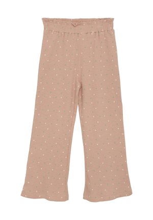 Helle rosa gerippte Hose mit weißen und grünen Punkten, ausgestattet mit einem gerafften Bund und auslaufenden Beinen, aus weichem, bequemem Stoff.