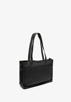 Bolso tote de cuero negro con asas dobles en la parte superior, forma rectangular, bolsillo exterior y superficie lisa. Diseño minimalista sin ninguna marca visible.