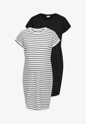 Dwie casualowe sukienki z krótkim rękawem, jedna czarna, druga biała z czarnymi poziomymi paskami, pokazane na płasko z podwiniętymi rękawami.