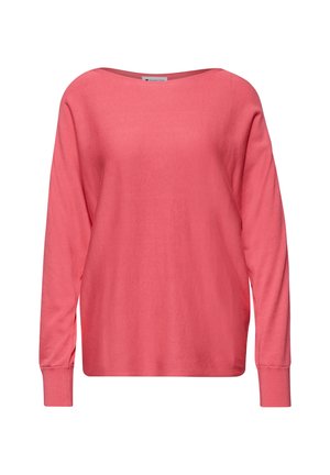 Lososově růžový svetřík s dlouhými rukávy, lodičkovým výstřihem a žebrovanými manžetami, zobrazený na jednoduchém bílém pozadí.