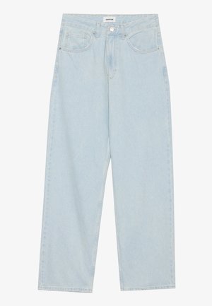 Light blue wide-leg jeans made of denim, featuring a mid-rise waist, five pockets, and a button closure with a slim metal accent.