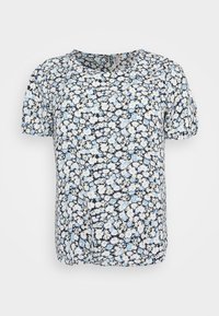 Floral short-sleeve top featuring a navy background with white and light blue flowers, scoop neckline, and soft fabric with slight sheen.
