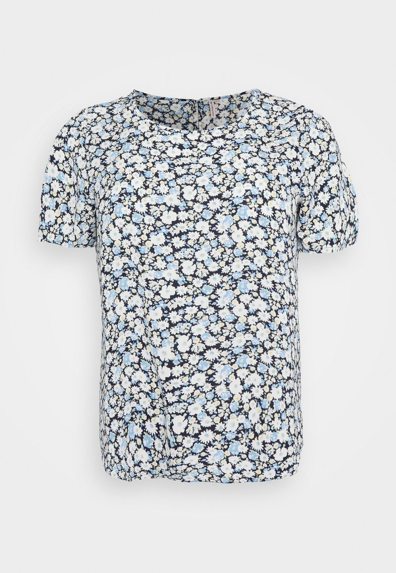 Floral short-sleeve top featuring a navy background with white and light blue flowers, scoop neckline, and soft fabric with slight sheen.