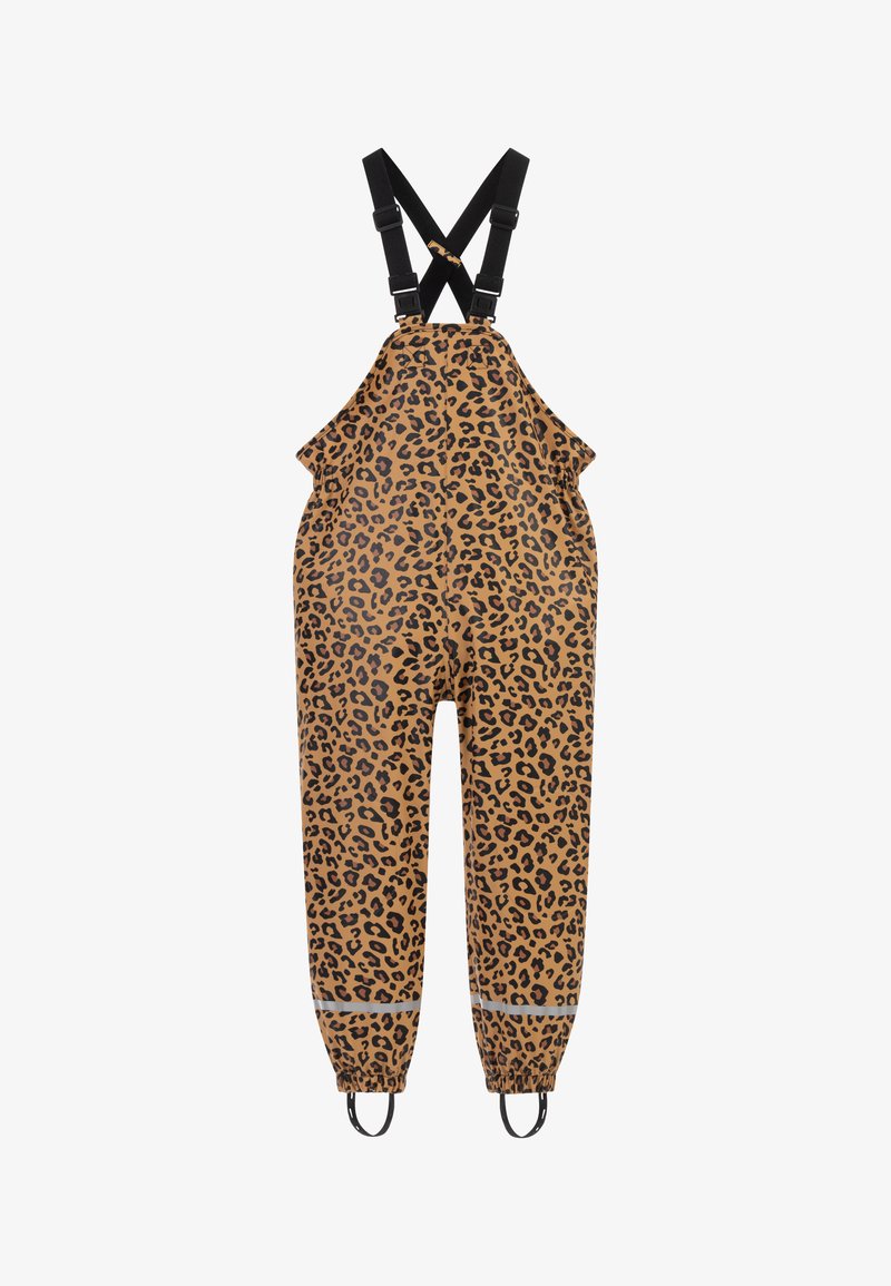 Leopardo raštas kombinezonai su reguliuojamomis juodomis petnešomis, laisva prigludimo forma, elastingais kulkšniais ir atspindinčiomis juostomis ant rankogalių. Atsparus vandeniui medžiaga.