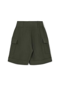 Pantaloni cargo verde oliva con fronte piatto, orlo arrotolato e due tasche laterali. Realizzati in un tessuto leggero con una texture liscia.