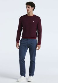 Junger Mann steht, trägt einen bordeauxfarbenen, gemusterten Pullover, blaue Hose und weiße Turnschuhe, schaut leicht nach links.