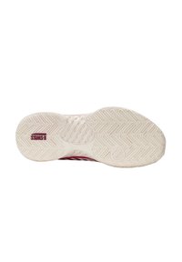 Lys beige gummisåle med et teksturert mønster, med en rosa akcentstripe og tydelig merking.
