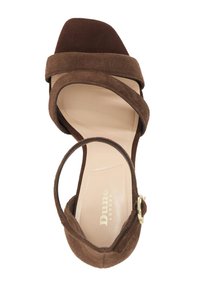 Brown suede high-heeled sandal featuring a square toe, wide straps across the foot, ankle strap with a gold buckle, and a beige insole.