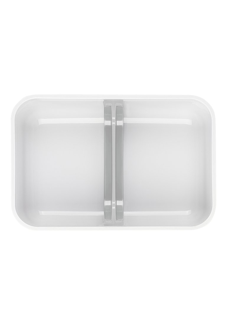 Weißer rechteckiger Lunchbox mit einem grauen Scharnier in der Mitte, ausgestattet mit zwei Fächern und einer glatten, glänzenden Oberfläche.