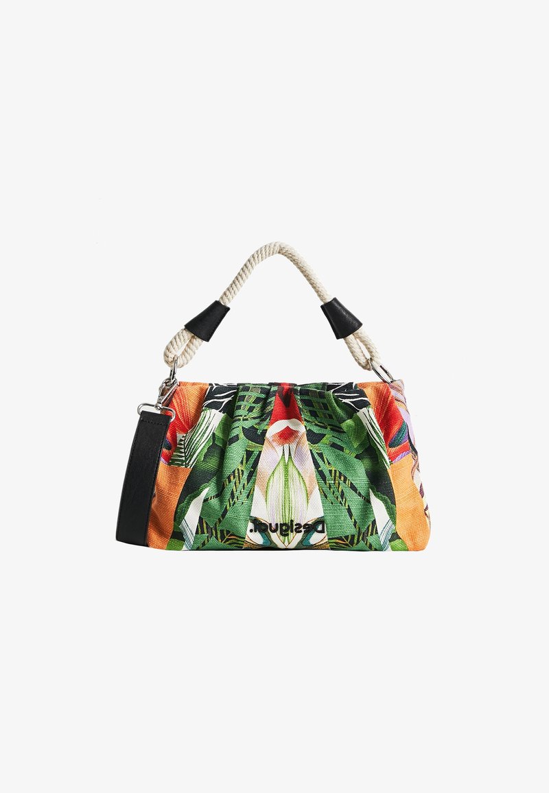 Sac à main coloré avec imprimé feuilles et fleurs tropicales, poignées en corde avec accents en cuir noir, et bandoulière noire amovible.