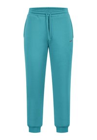 Pantalones de chándal turquesas fabricados con tejido suave, que cuentan con una cintura elástica con cordón, bolsillos laterales y puños acanalados.