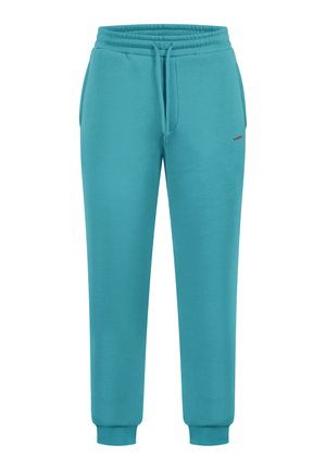 Pantalones de chándal turquesas fabricados con tejido suave, que cuentan con una cintura elástica con cordón, bolsillos laterales y puños acanalados.