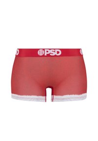 Boxer-briefs rouges avec un détail de bord flou blanc et une large ceinture rouge arborant le logo "PSD" en blanc. Texture lisse, design ajusté.