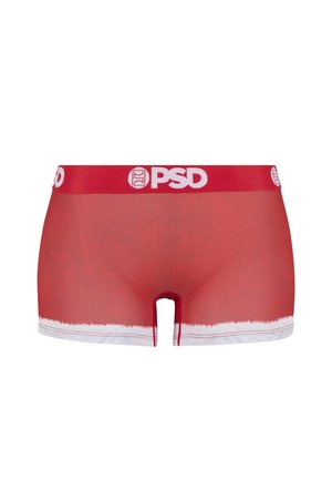 Rode boxershorts met een witte fuzzy zoom en een brede rode tailleband met het "PSD"-logo in het wit. Glad materiaal, aansluitend ontwerp.