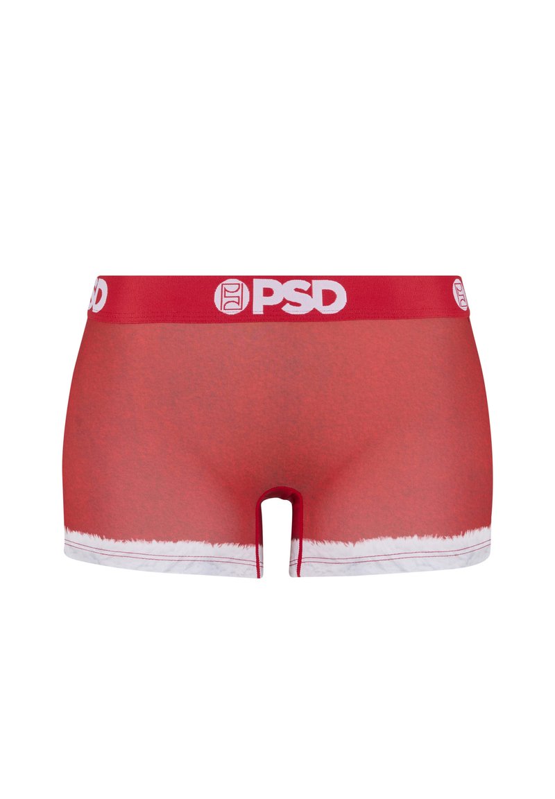 Boxer-briefs rouges avec un détail de bord flou blanc et une large ceinture rouge arborant le logo "PSD" en blanc. Texture lisse, design ajusté.