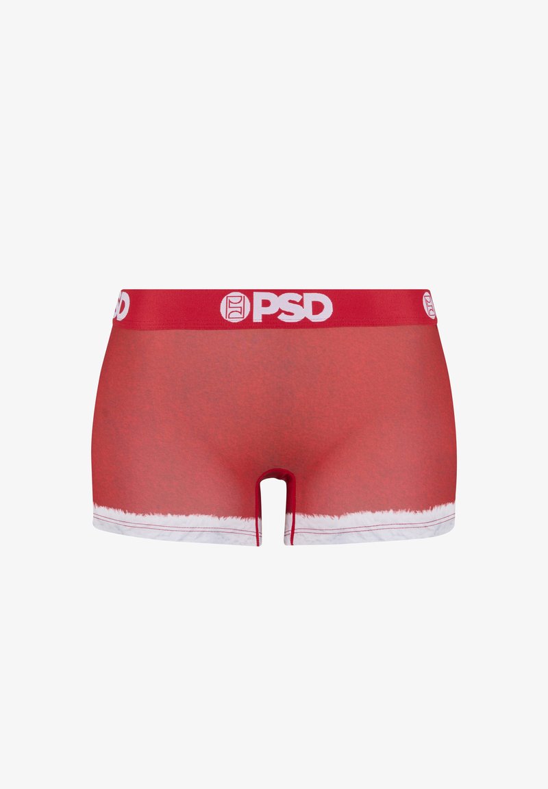 Boxer-briefs rouges avec un détail de bord flou blanc et une large ceinture rouge arborant le logo "PSD" en blanc. Texture lisse, design ajusté.
