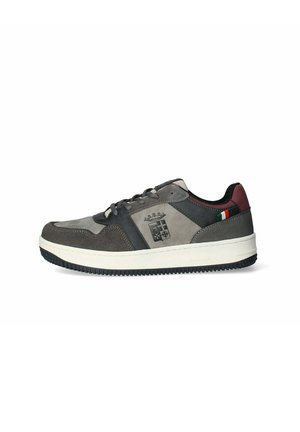 Sneaker realizzati in suede grigio con accenti scuri, suola in gomma e un logo. Presentano un dettaglio con una bandiera rossa e verde sul tallone.