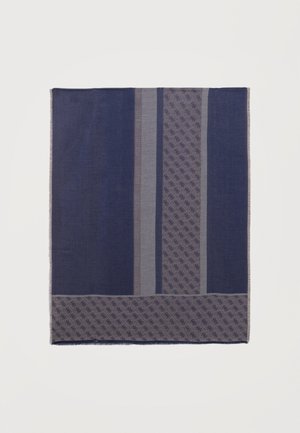 Rechthoekige marineblauwe sjaal met verticale strepen en geprinte randen met kleine herhalende donkere motieven.
