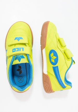 Yellow synthetic shoes with blue accents, Velcro straps, and textured soles. Features a padded interior and a diamond-stitched design. Size 26.