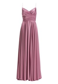 Langes, ärmelloses Kleid aus zartem rosa Satin. Es hat ein drapiertes Oberteil mit V-Ausschnitt und einen fließenden, plissierten Rock, der bis zum Boden reicht.