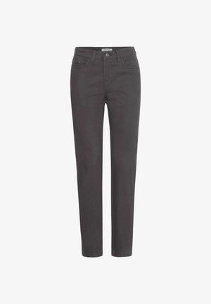 Mørkegrå denimbukser med rette ben, frontlommer og knappelukking. Materialet har en jevn tekstur og minimal hardware-detaljer.