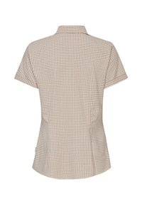 Camicia a maniche corte con collo, a quadretti piccoli beige e bianchi, mostrata da dietro.