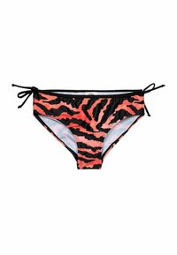 Bikiniunderdel med ett svart och starkt orange tigerstrimmönster, med justerbara sidband och en mjuk tygtextur.