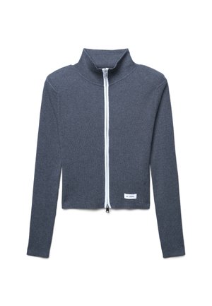 Grauer Reißverschluss-Pullover, gerippte Textur, hoher Kragen, weißer Reißverschluss, verkürztes Design, lange Ärmel, kleines Etikett unten rechts.