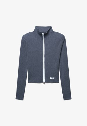 Maglione grigio con zip, texture a coste, colletto alto, cerniera bianca, design accorciato, maniche lunghe, etichetta piccola in basso a destra.
