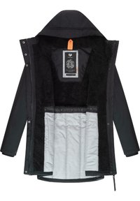 Črna zunanja jakna z mehkimi črnimi krznom podložena in srebrno notranjo plastjo, z kapuco in gumbi za zapenjanje spredaj.