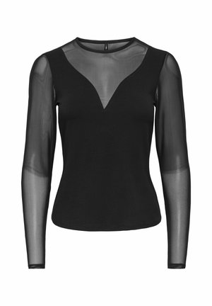 Top noir à manches longues avec des manches et une partie supérieure de la poitrine en mesh semi-transparent, présentant un décolleté en V profond superposé.