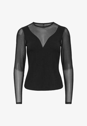 Fekete hosszú ujjú felső félig áttetsző hálós ujjakkal és felső mellrésszel, mély V-alakú nyakkivágással.