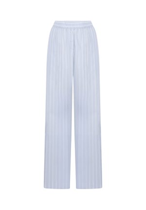 Lichtblauwe wijde broek met verticale witte strepen, elastische tailleband en knoopdetails. Gemaakt van een glad, lichtgewicht materiaal.