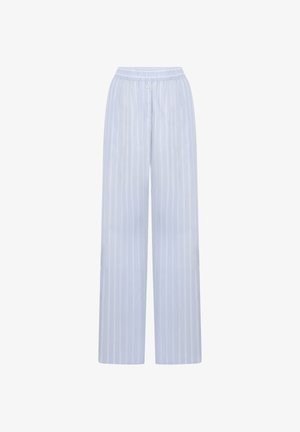 Lichtblauwe wijde broek met verticale witte strepen, elastische tailleband en knoopdetails. Gemaakt van een glad, lichtgewicht materiaal.