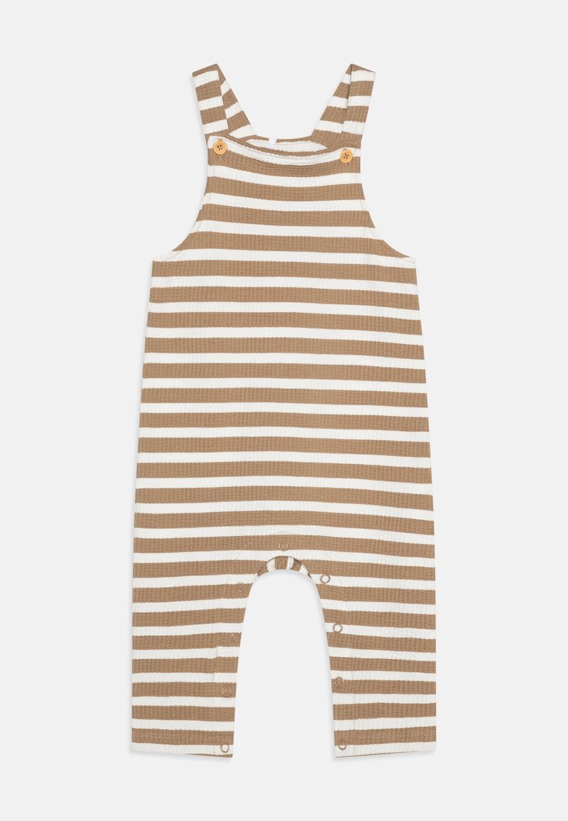 Brune og hvide stribede overalls fremstillet af et tekstureret stof, med seler der har træknapper og en trykknaplukning i bunden.