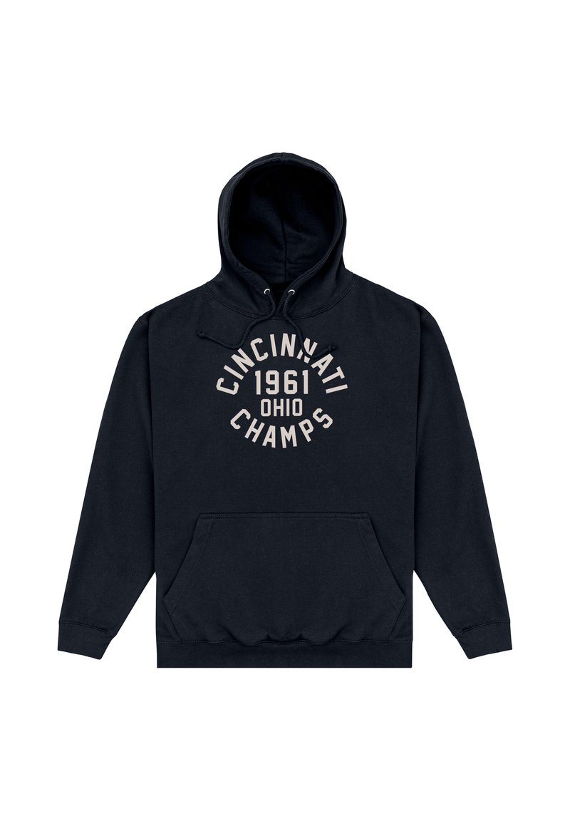 Czarna bluza z kapturem z przednią kieszenią i beżowym napisem "Cincinnati 1961 Ohio Champs" w okrężnym wzorze.