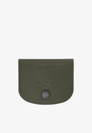 Olive green leather wallet with a rounded flap, embossed logo, and metal snap closure. Smooth texture, minimalistic design, rectangular shape.