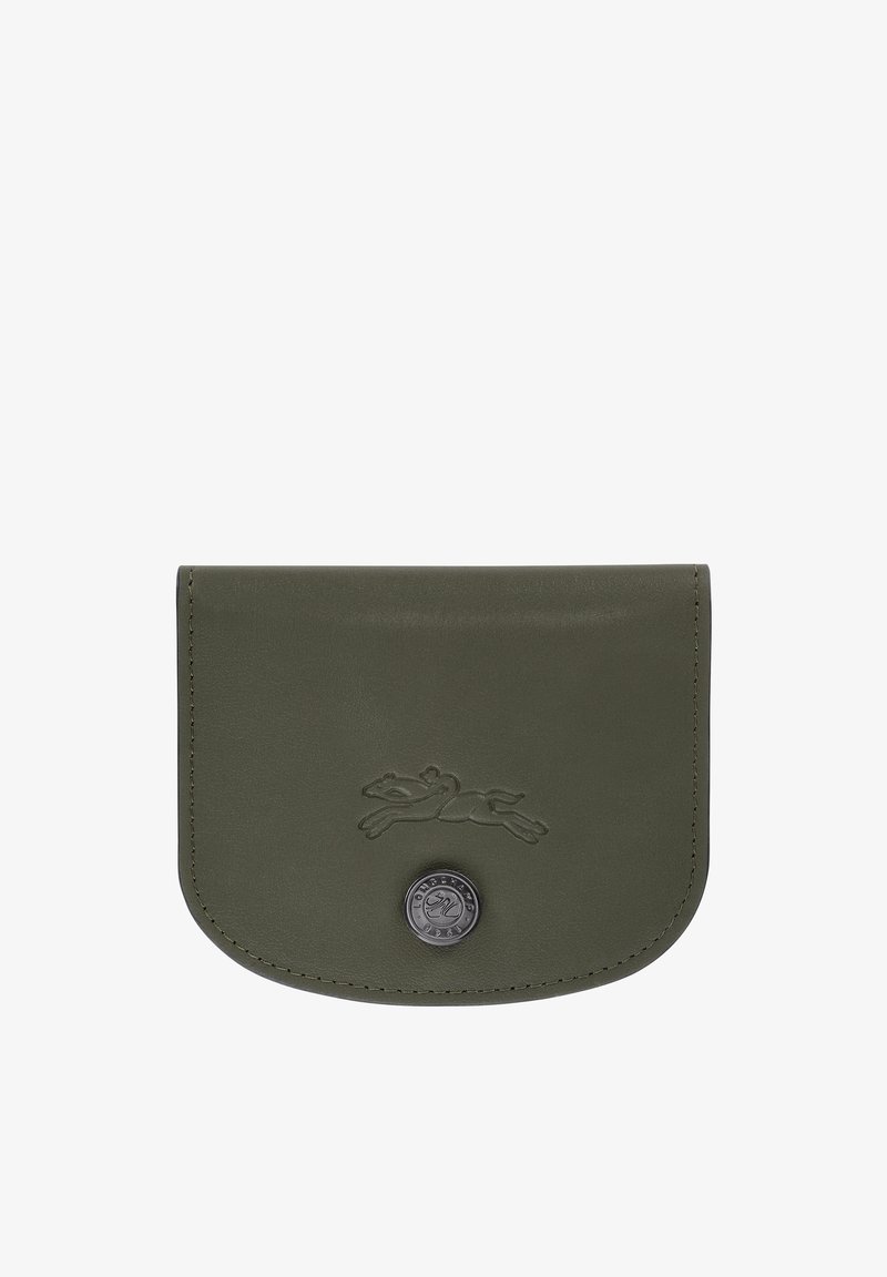 Olive green leather wallet with a rounded flap, embossed logo, and metal snap closure. Smooth texture, minimalistic design, rectangular shape.