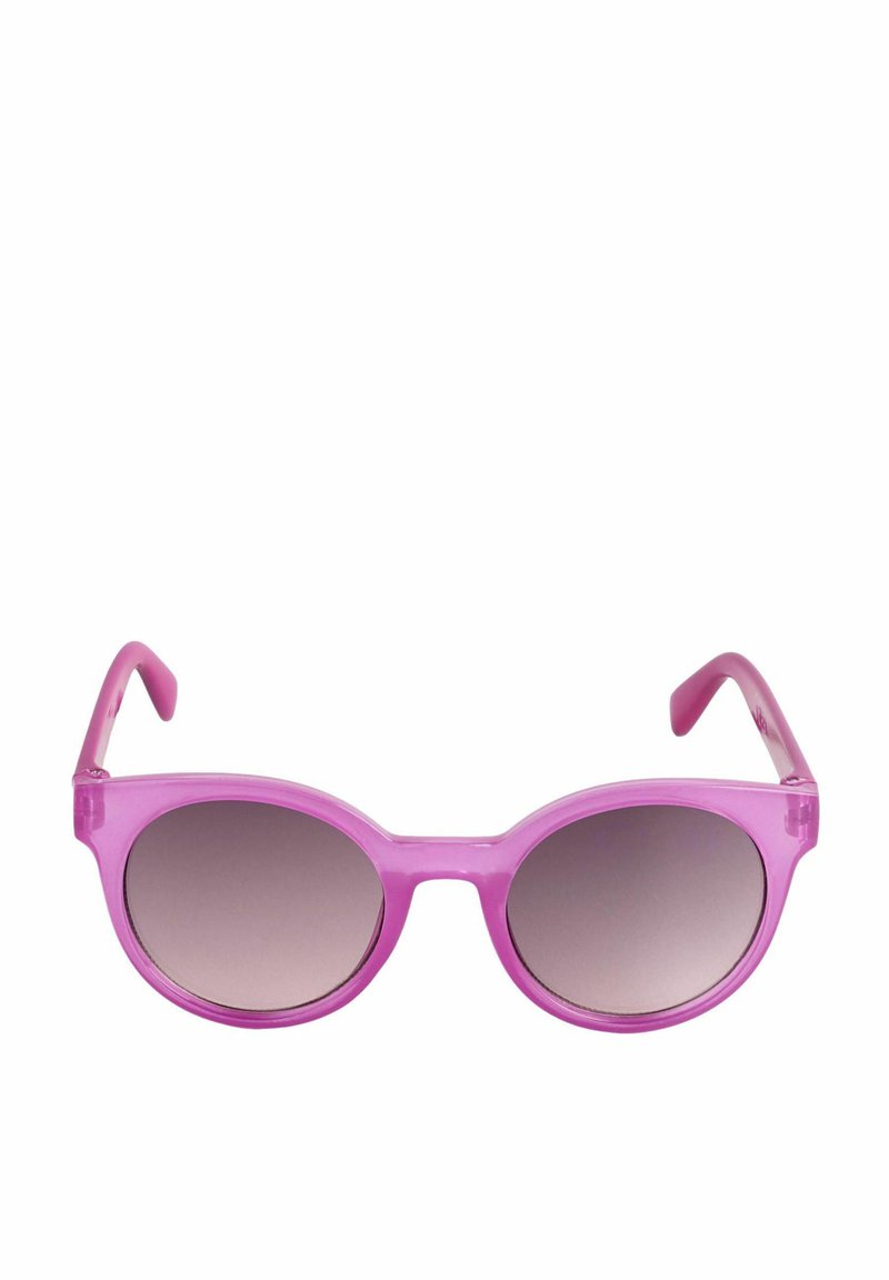 Occhiali da sole trasparenti rosa con lenti rotonde, dotati di una sfumatura gradiente. Le montature sono lisce con bracci curvi e senza hardware visibile.