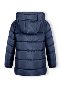 Marineblauwe gewatteerde jas met capuchon, voorzien van een quilted ontwerp, elastische manchetten en een gladde, glanzende textuur. Achteraanzicht weergegeven.