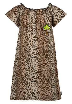 Kort leopardprintet kjole med korte ærmer og et lille grønt palmetræmærke på øverste venstre side.